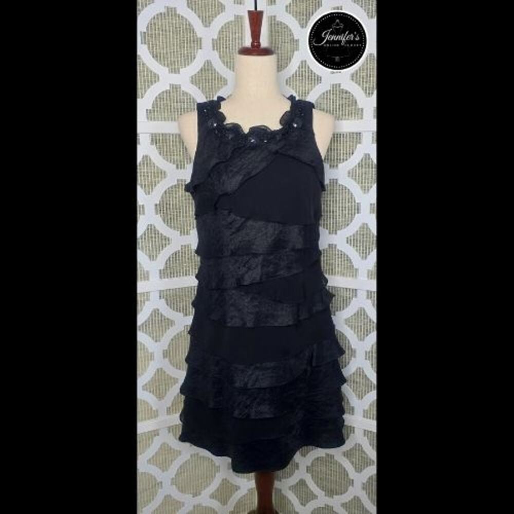 S.L. Fashions Black Beaded Neckline Tiered Layered Ruffle Sleeveless Dress 10